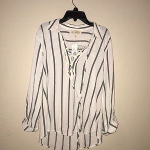 White and navy blue striped lace up top